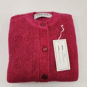 Vintage Diamond Fully Fashioned Dark Pink Pocketed Cardigan Sweater Womens Small